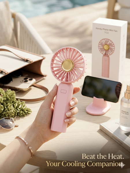 Handy Phone Mini Fan Y03 is a portable, rechargeable handheld fan designed for personal cooling